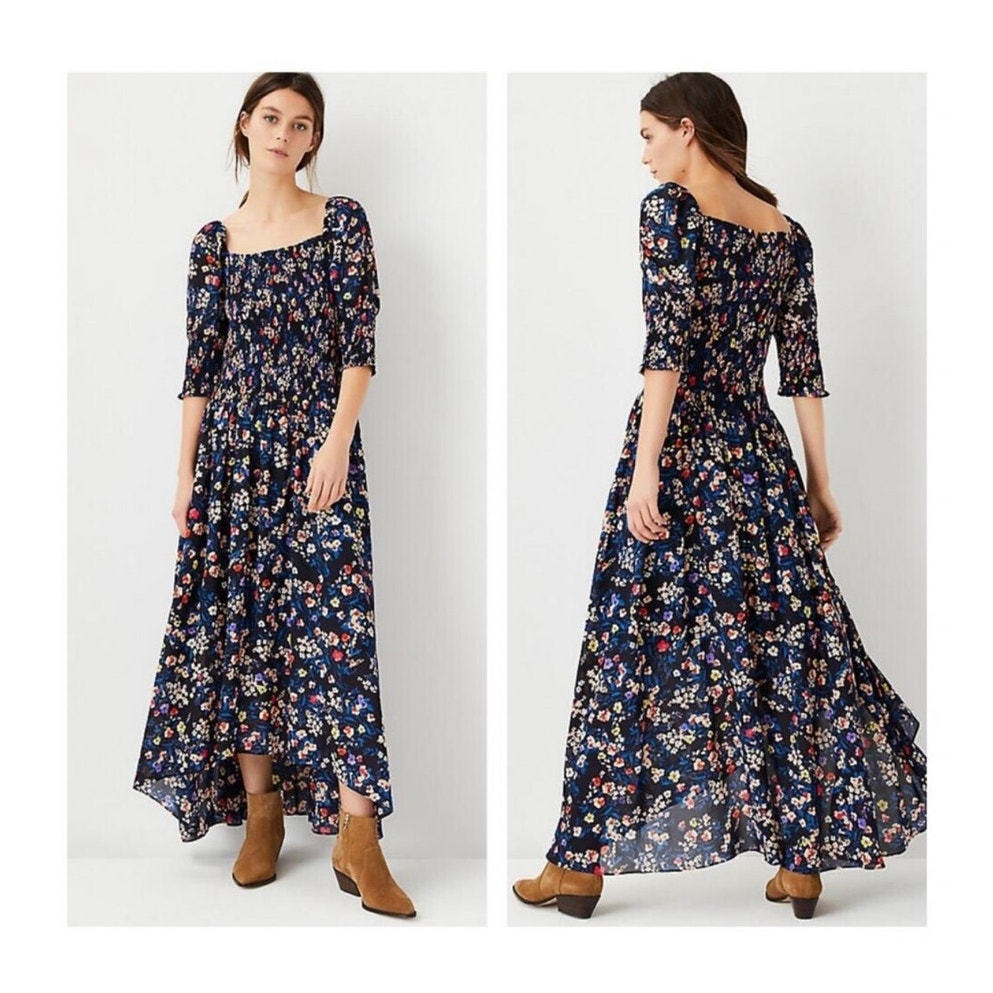 Blue Floral Smocked Maxi Dress Size 12p Puff Sleeve Navy Cottagecore Ann Taylor